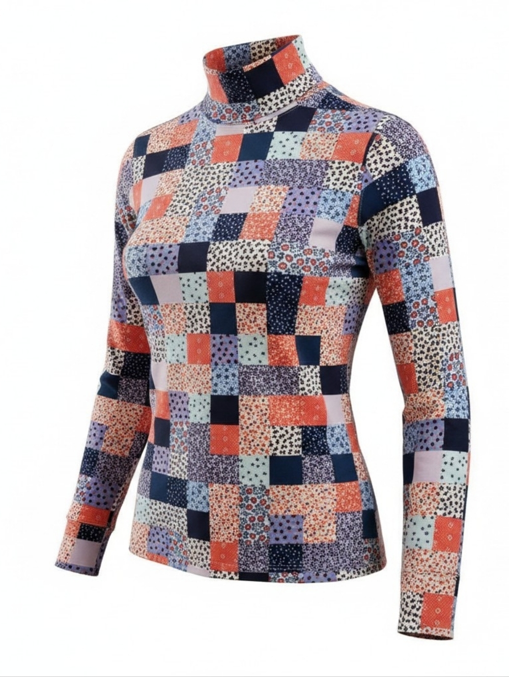 Lands End Mock Turtle Neck Patchwork Top Size M 100% Cotton Cottagecore Floral